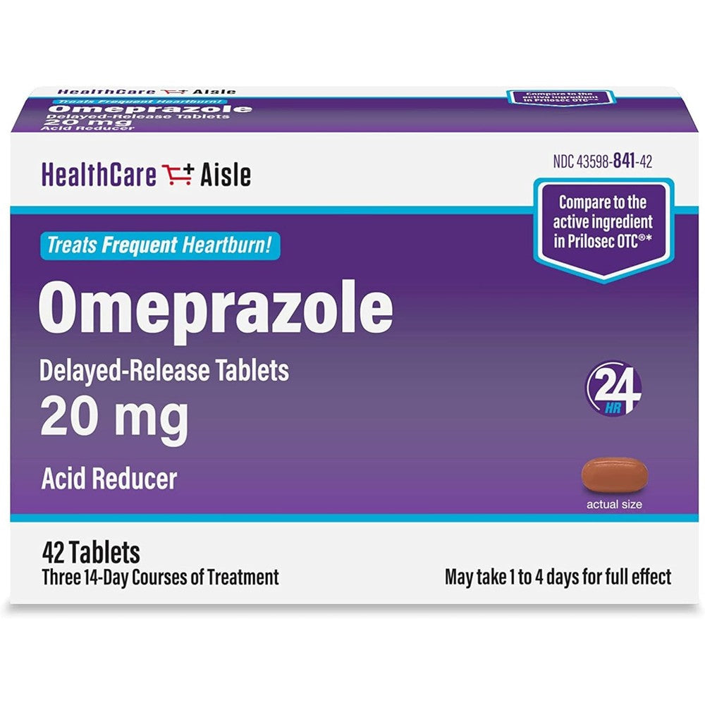 HealthCareAisle Omeprazole 20 milligram tablets front view of bottle