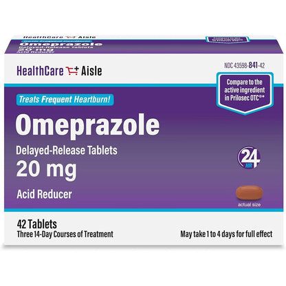 HealthCareAisle Omeprazole 20 milligram tablets front view of bottle