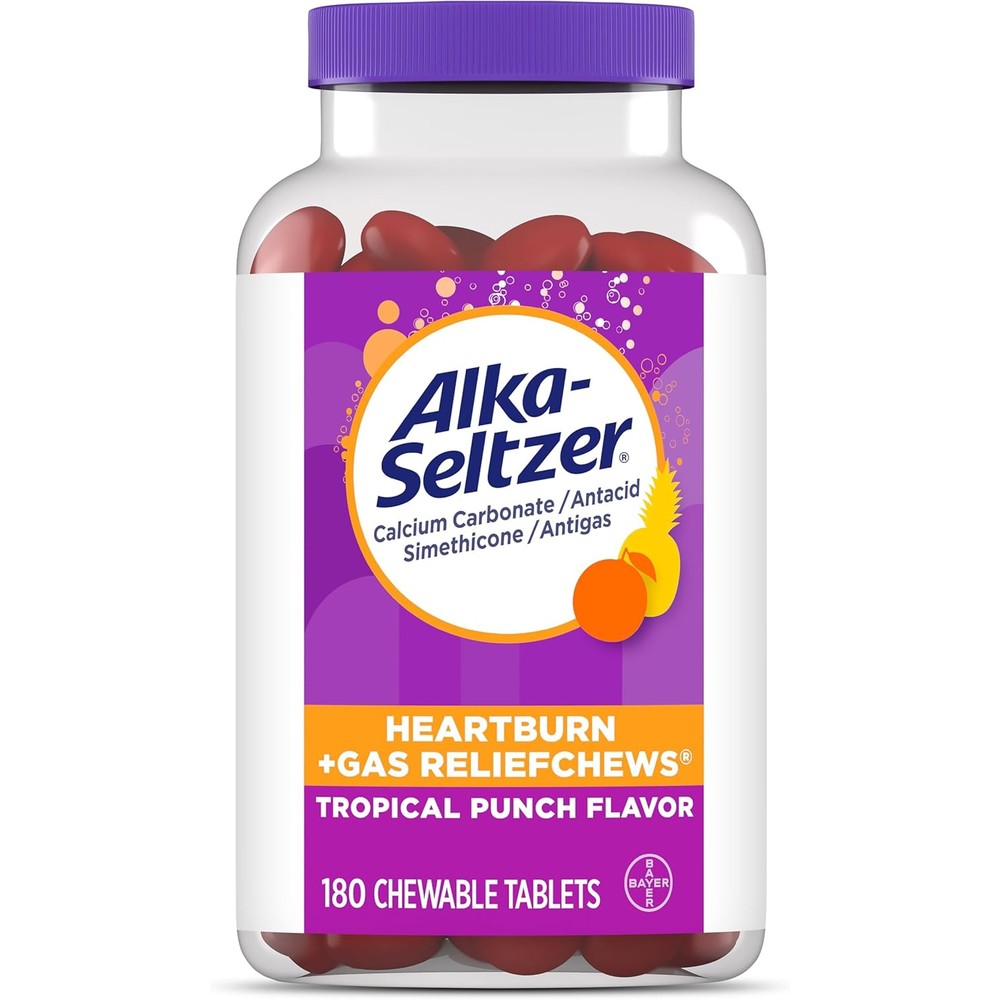 Alka-Seltzer Heartburn Plus Gas Relief Chews Tropical Punch front bottle view