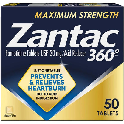 Zantac 360 Maximum Strength Tablets 50 count front view acid reducer