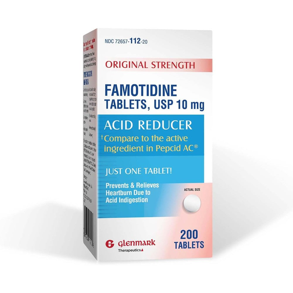 Glenmark Therapeutics Original Strength Famotidine Tablets front view 200 count bottle