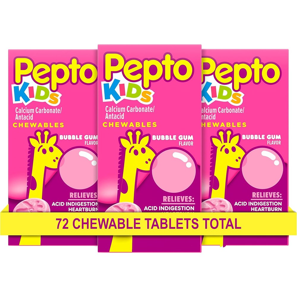 Pepto Bismol Kids bubblegum antacid tablets front view packaging