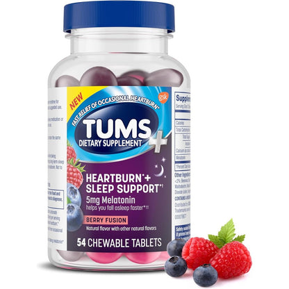 Tums Heartburn Plus Sleep Support chewable tablets front view bottle