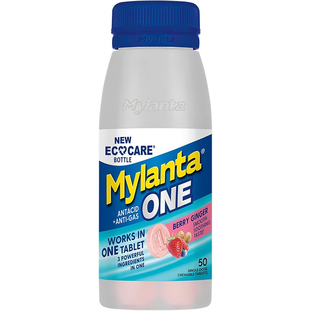 Mylanta One Berry Ginger antacid tablets front view in EcoCare bottle