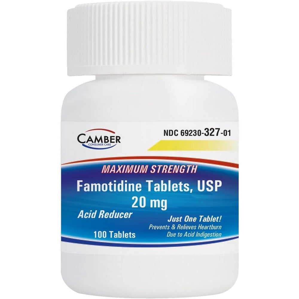 Camber Famotidine 20mg Tablets 100 Count front view for heartburn relief