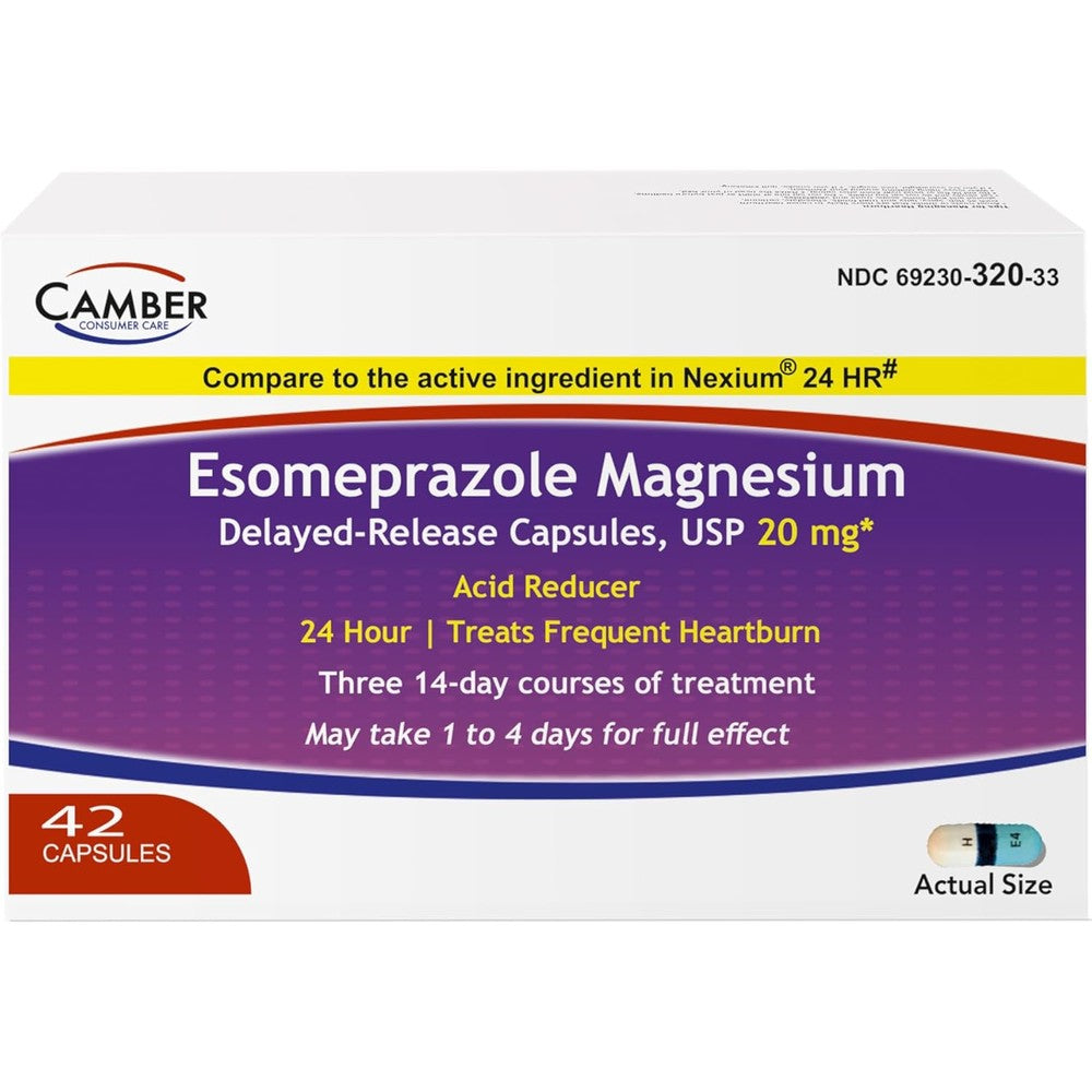 Camber Esomeprazole Magnesium 20 milligram delayed release capsules bottle front view