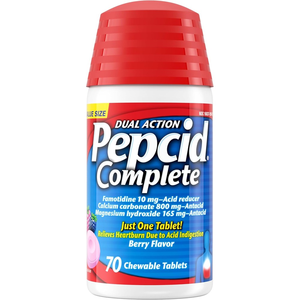 Pepcid Complete Acid Reducer and Antacid chewable tablets bottle front view