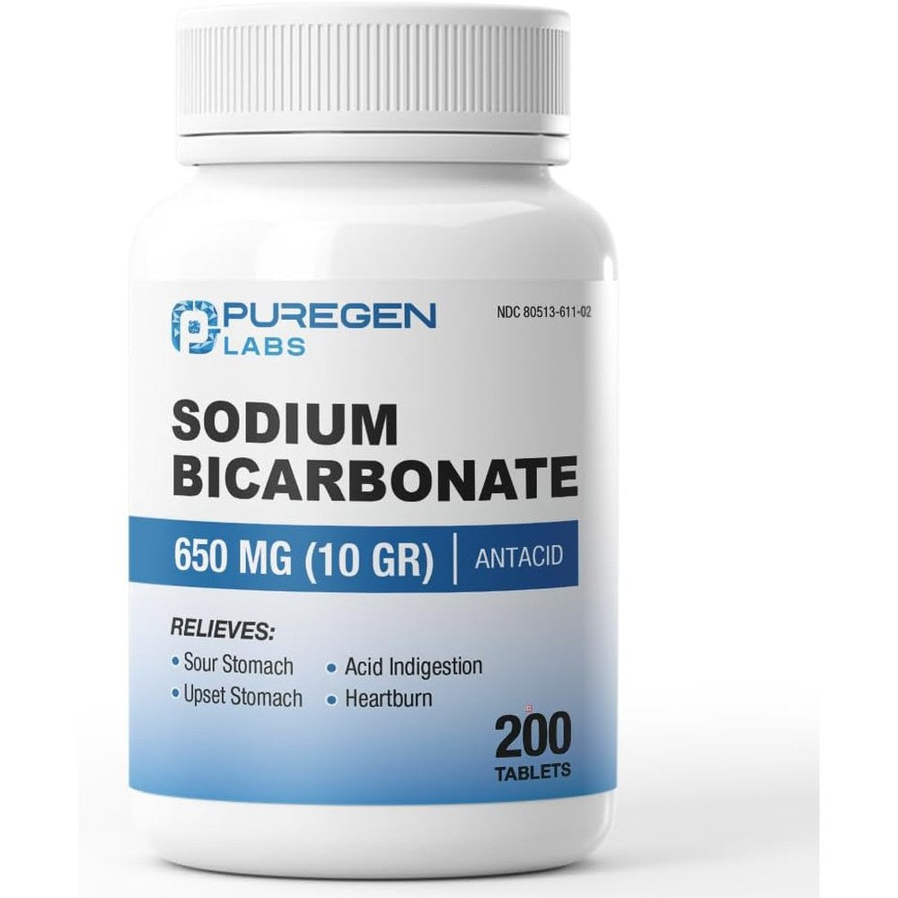 Puregen Labs Sodium Bicarbonate Tablets 650mg front view bottle