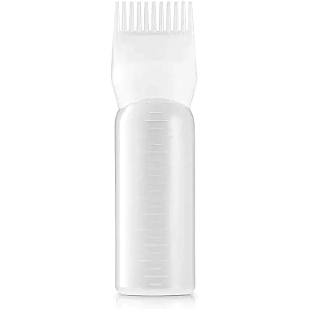 Evelyne root comb applicator bottle front view with clear body and graduated scale