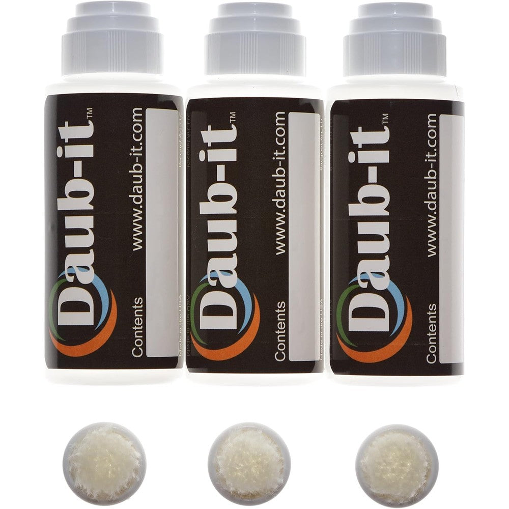Racquet Art Daub-It empty applicator bottles front view showing three-pack setup.