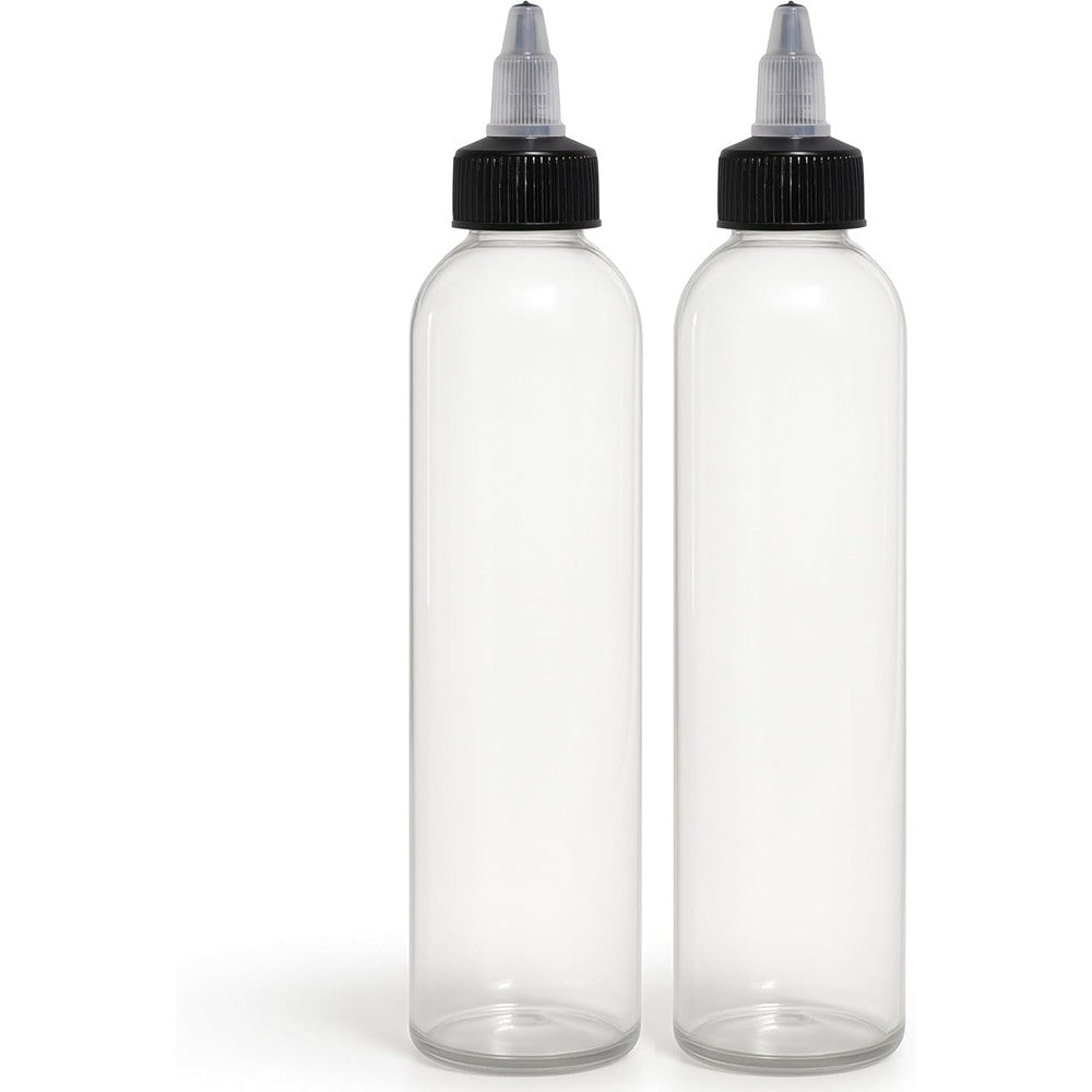 BRIGHTFROM twist top applicator bottles front view showing crystal clear empty body and black nozzles
