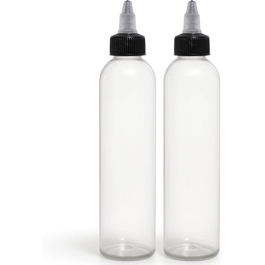 BRIGHTFROM twist top applicator bottles front view showing crystal clear empty body and black nozzles