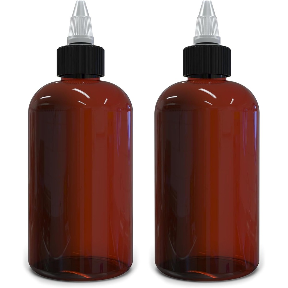 BRIGHTFROM twist top applicator bottles 8 Ounce front view showing two empty amber round squeeze containers with black nozzles.