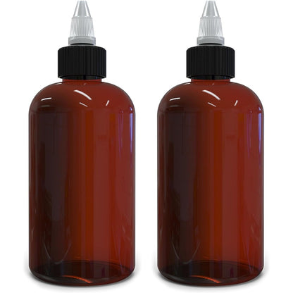BRIGHTFROM twist top applicator bottles 8 Ounce front view showing two empty amber round squeeze containers with black nozzles.