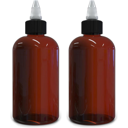 BRIGHTFROM twist top applicator bottles 8 Ounce front view showing two empty amber round squeeze containers with black nozzles.