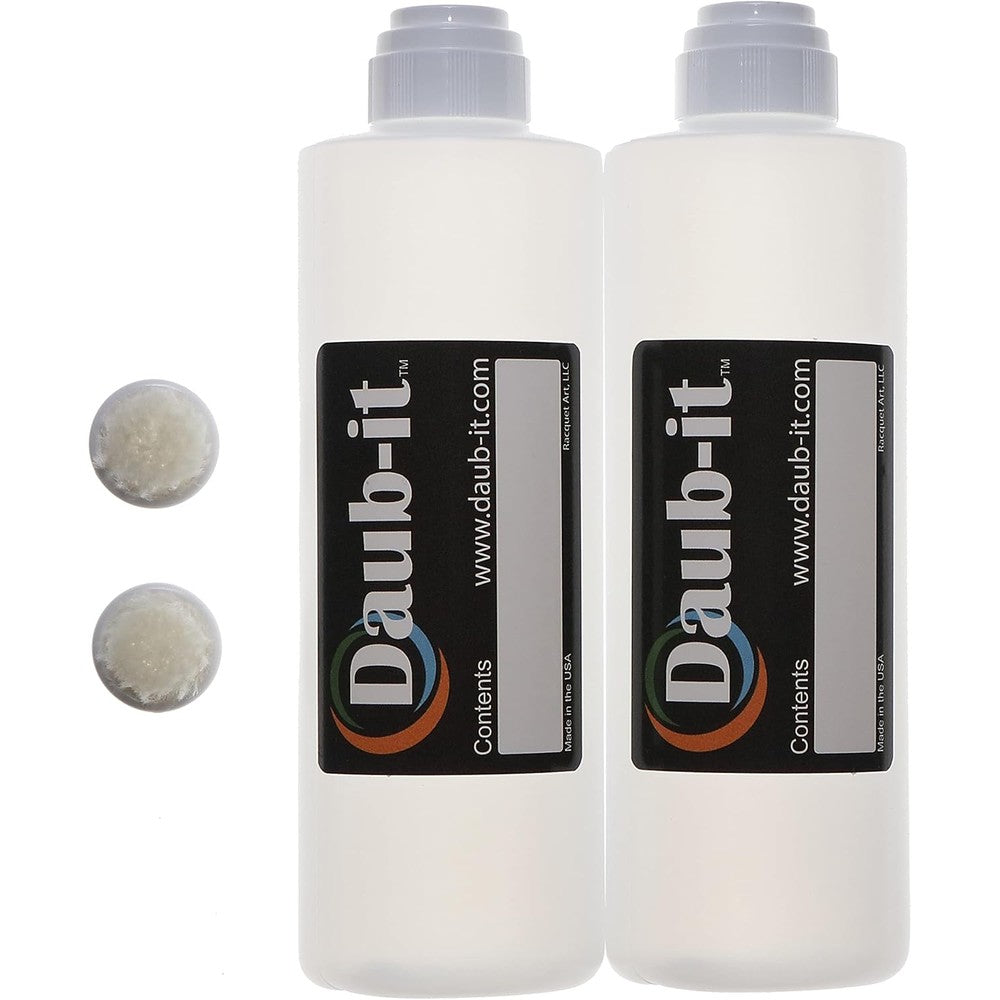 Racquet Art Daub-it empty applicator bottles front view showing the clear high density polyethylene design and secure caps.