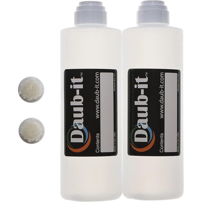 Racquet Art Daub-it empty applicator bottles front view showing the clear high density polyethylene design and secure caps.
