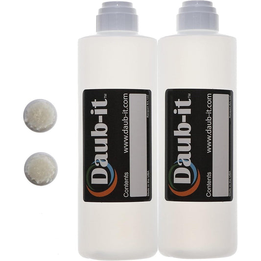 Racquet Art Daub-it empty applicator bottles front view showing the clear high density polyethylene design and secure caps.