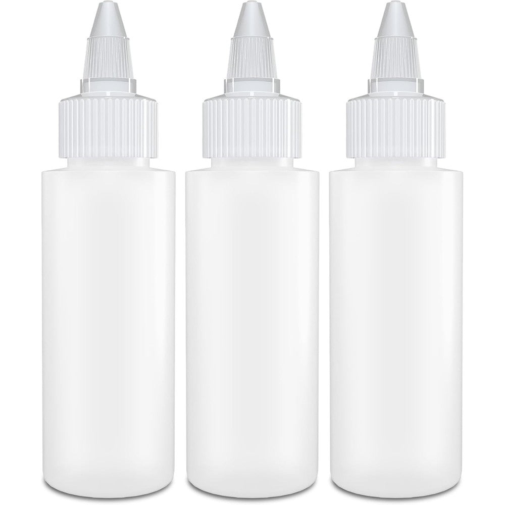 BRIGHTFROM twist top applicator bottles three pack front view showing the clear empty squeeze plastic body and the adjustable nozzle mechanism.
