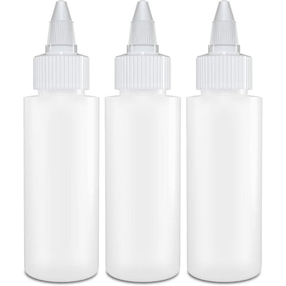 BRIGHTFROM twist top applicator bottles three pack front view showing the clear empty squeeze plastic body and the adjustable nozzle mechanism.