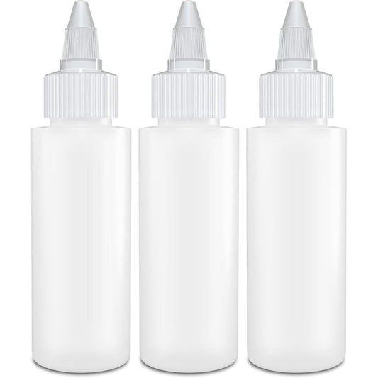 BRIGHTFROM twist top applicator bottles three pack front view showing the clear empty squeeze plastic body and the adjustable nozzle mechanism.
