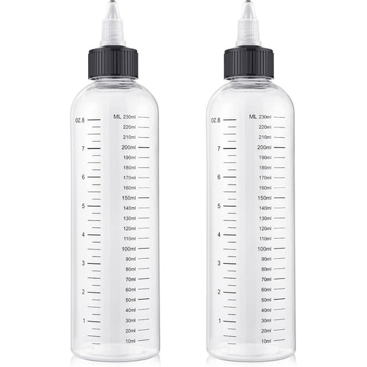 BESARME hair oil applicator bottle front view with dual measurement scale markings.