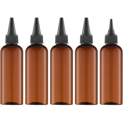 Tekson hair color applicator bottles five pack front view showcasing amber plastic body and black twist top caps.