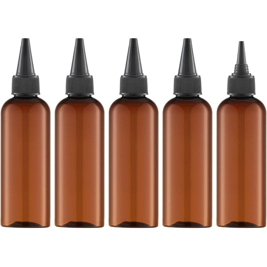 Tekson hair color applicator bottles five pack front view showcasing amber plastic body and black twist top caps.
