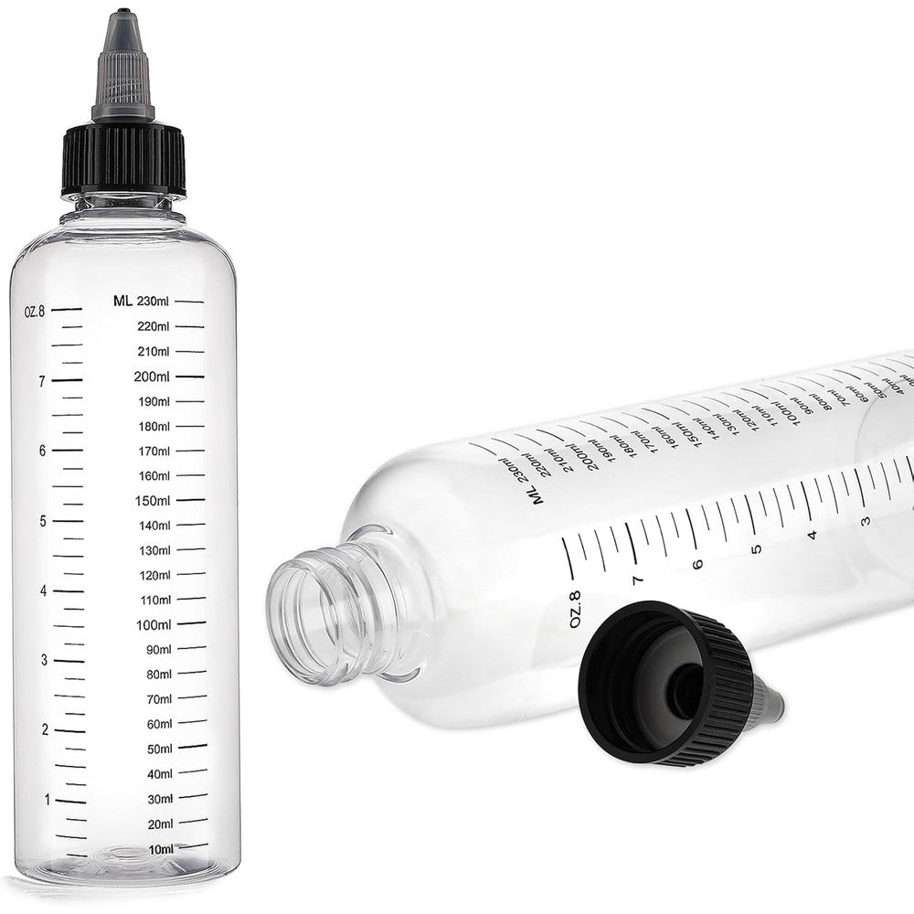 Lurrose hair color applicator bottle front view displaying the clear plastic squeeze body and calibrated measurement lines.