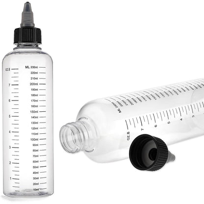 Lurrose hair color applicator bottle front view displaying the clear plastic squeeze body and calibrated measurement lines.