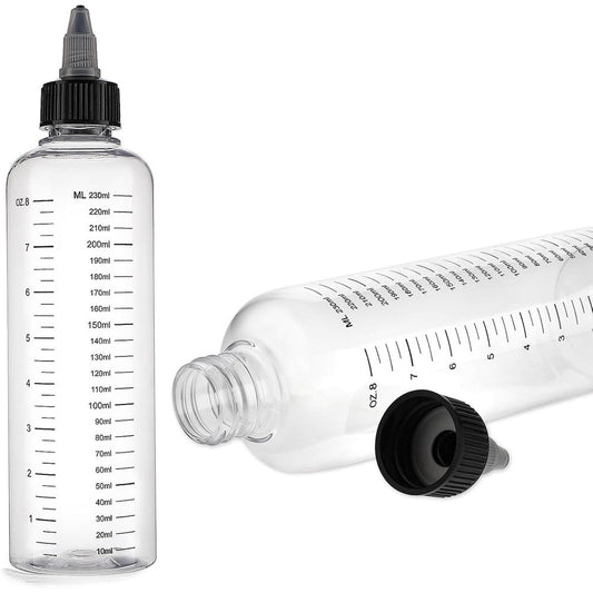 Lurrose hair color applicator bottle front view displaying the clear plastic squeeze body and calibrated measurement lines.