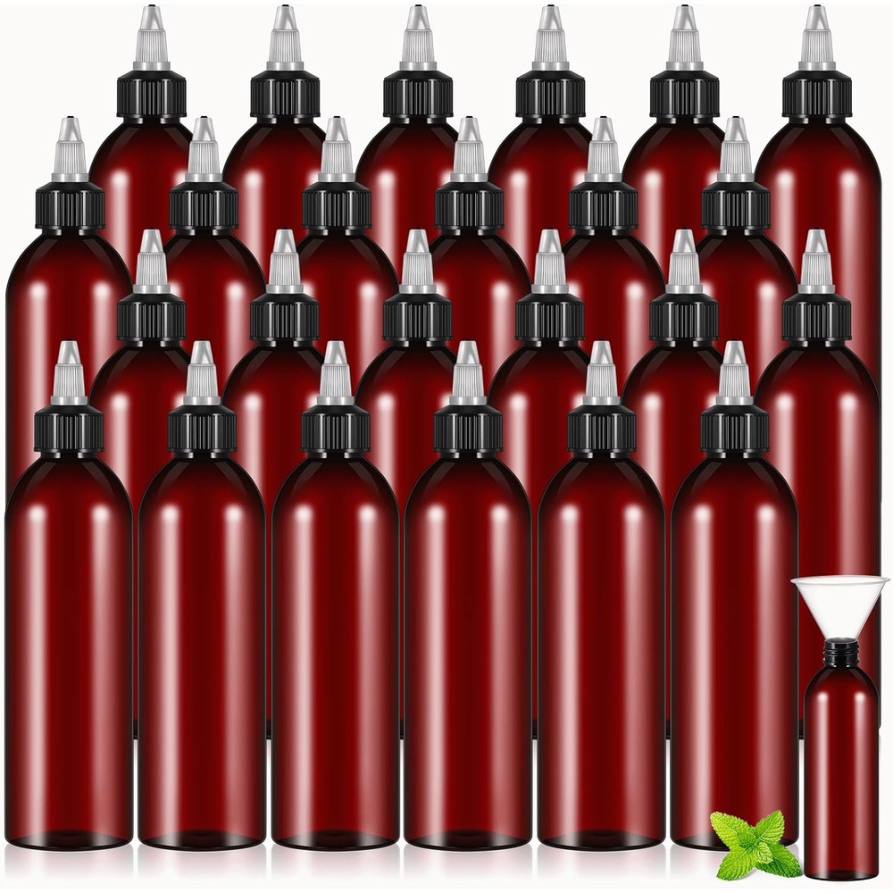 Barydat 12 Piece Twist Top Applicator Bottles set front view displaying amber plastic squeeze body and black nozzle caps