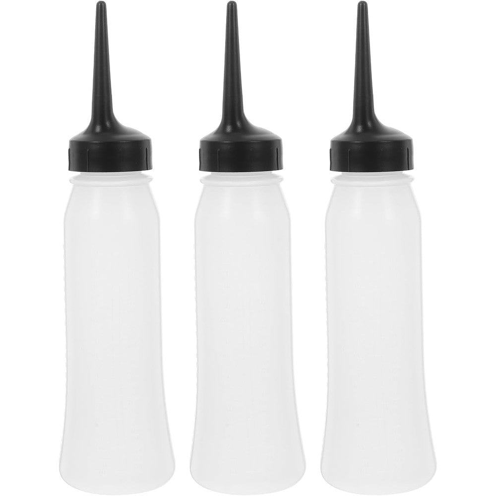 PACKOVE hair coloring squeeze bottle 3 piece set front view showing transparent body and measuring scale