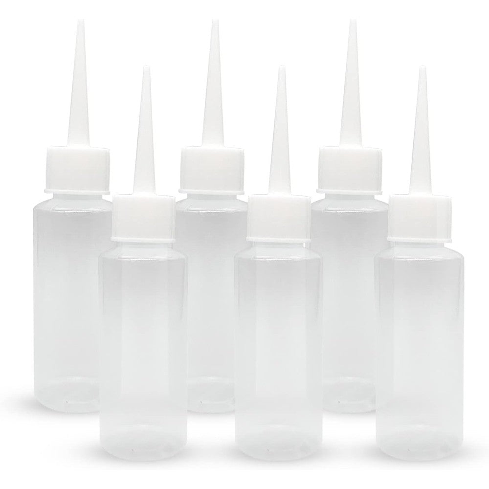 BlingKingdom 6 pieces 50ml squeeze applicator bottles front view showing clear plastic body and fine needle tip nozzles.