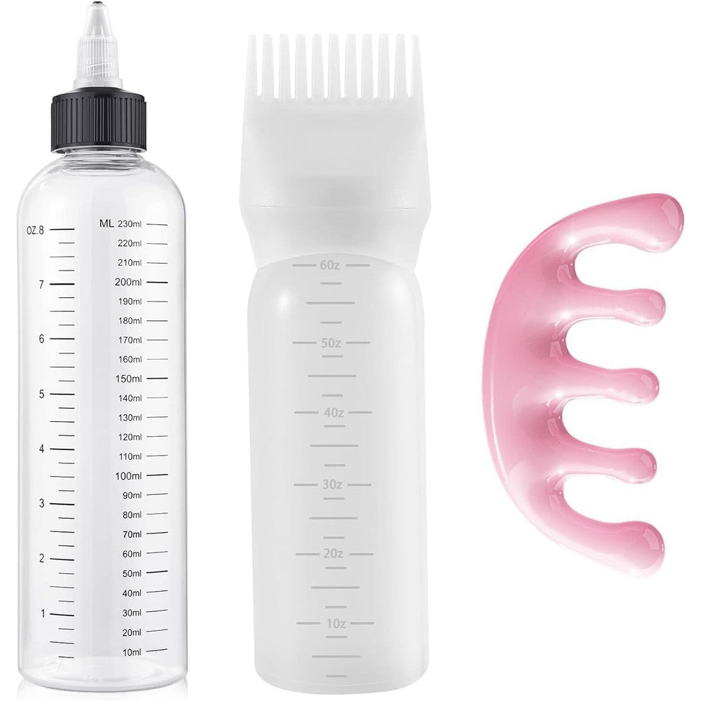 Chexho Hair Applicator Bottle set showing the clear root comb applicator bottle and white continuous spray bottle front view.