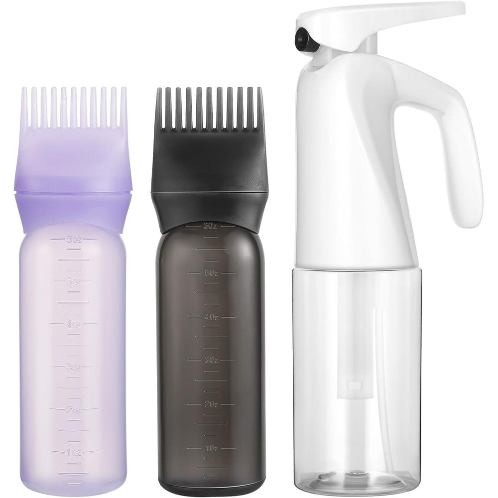 Pimoys root comb applicator bottle and continuous spray bottle three piece hair care set front view