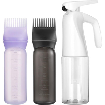 Pimoys root comb applicator bottle and continuous spray bottle three piece hair care set front view