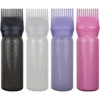 FZWONVUC root comb applicator bottle four pack front view showing black white purple and pink hair oiling squeeze bottles with measurement scales