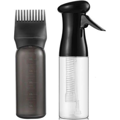 MB2P Zicotour continuous hair spray bottle and root comb applicator bottle set showing the front view of the black and clear styling misters.