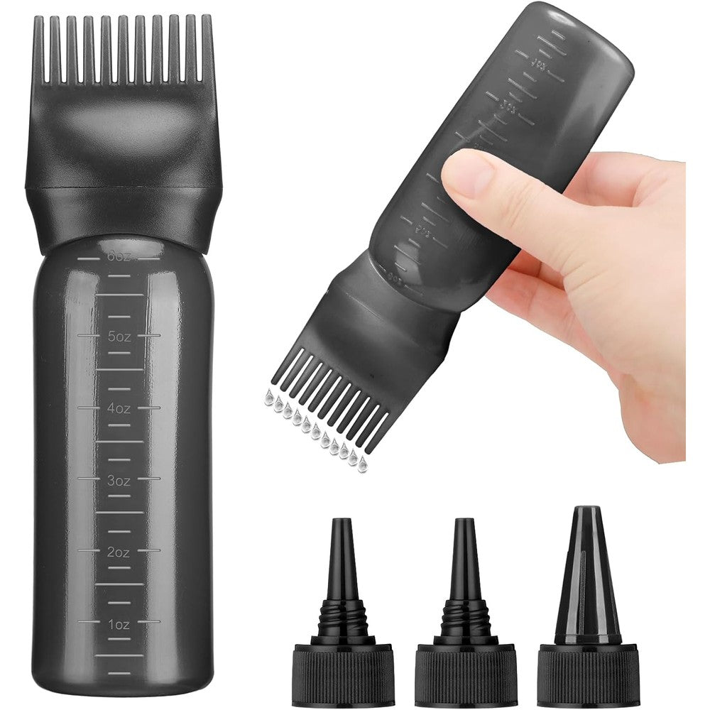 ProSuites hair oil applicator bottle front view showing the six ounce black squeezable body and engraved scale markings.