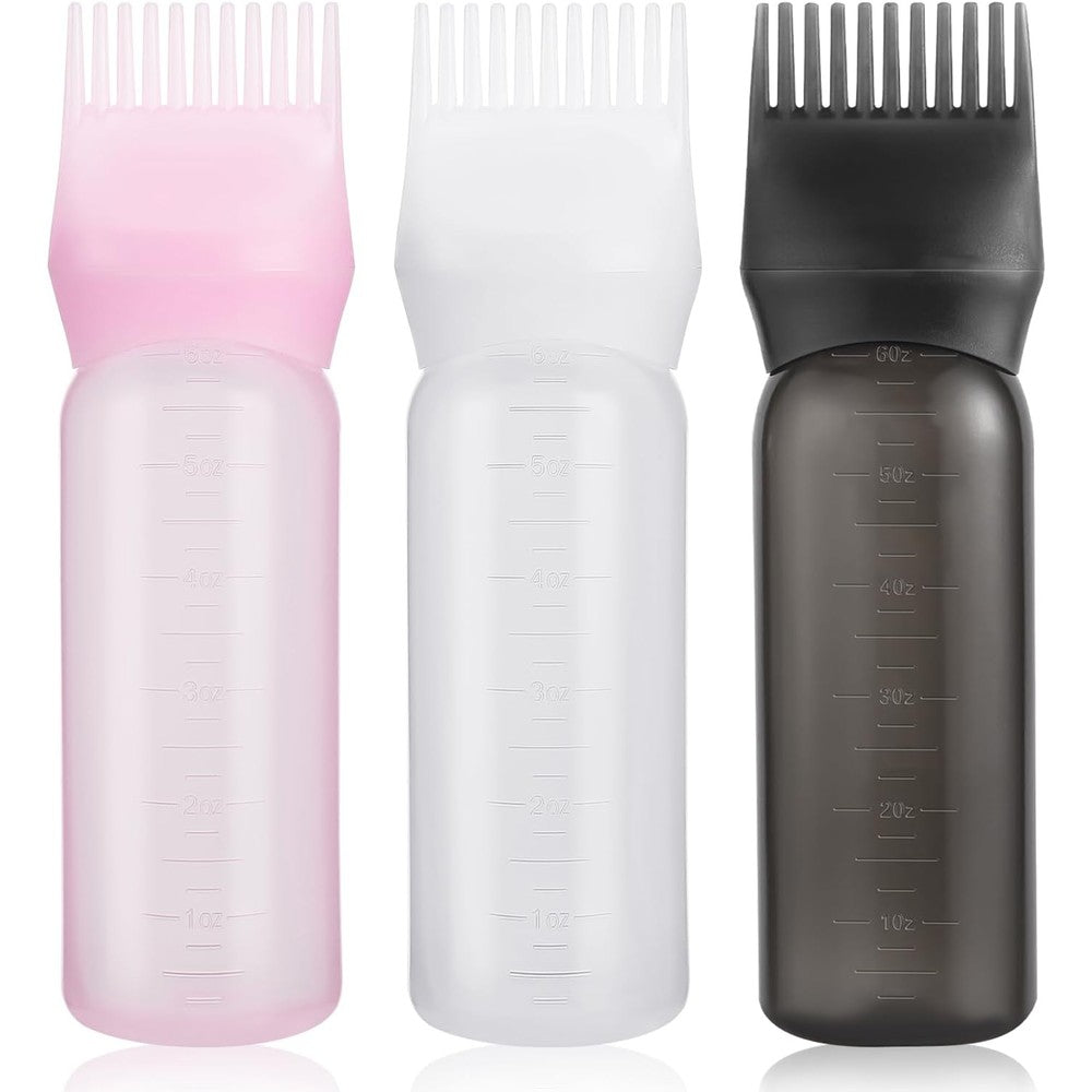Pimoys root comb applicator bottle front view showing black squeezable plastic and clear measurement scale markings.