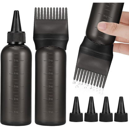 Pimoys hair oil applicator bottles front view showing black root comb cap and graduated measurement scale.