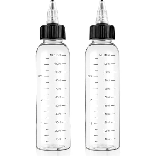 SynHHergyx hair oil applicator bottle twin pack front view showing transparent plastic body and black caps
