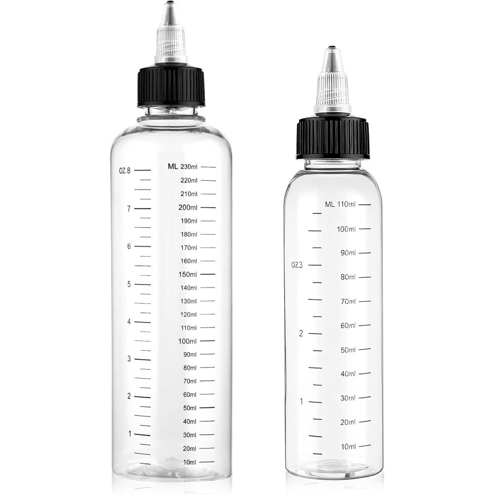 SynHHergyx hair color applicator bottle front view showing 8.5 ounce and 4 ounce clear plastic containers with black caps.