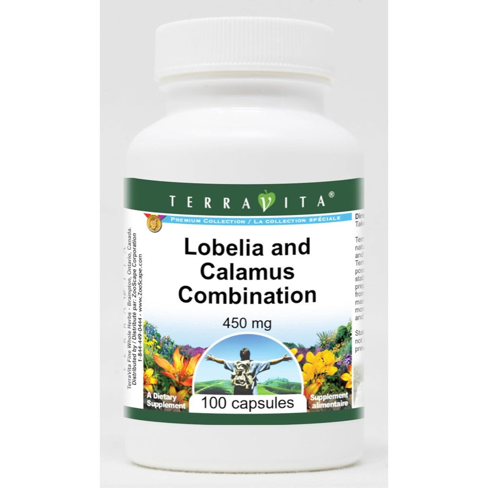 Terravita Lobelia and Calamus Combination 450mg 100 capsules front bottle view