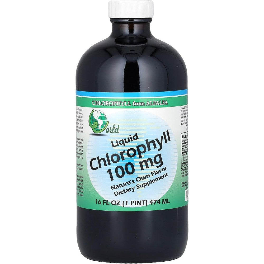 World Organic Liquid Chlorophyll 100 Milligram 474 Milliliter bottle front view showing alfalfa supplement label