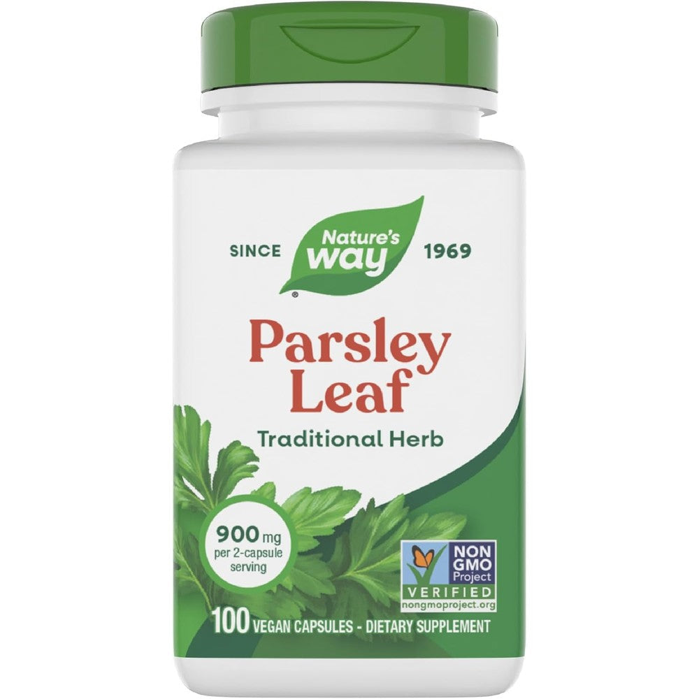 Nature's Way Parsley Leaf 100 vegan capsules bottle front view showing chlorophyll source benefits