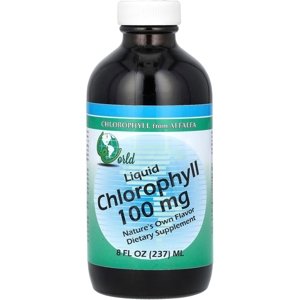 World Organic Liquid Chlorophyll 100mg front view bottle for natural detoxification
