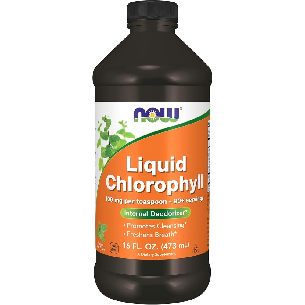 NOW Foods Liquid Chlorophyll 16 Fluid Ounces front bottle view for internal deodorization