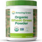 Amazing Grass Organic Wheat Grass Powder front view of container on a clean surface for daily green superfood nutrition.